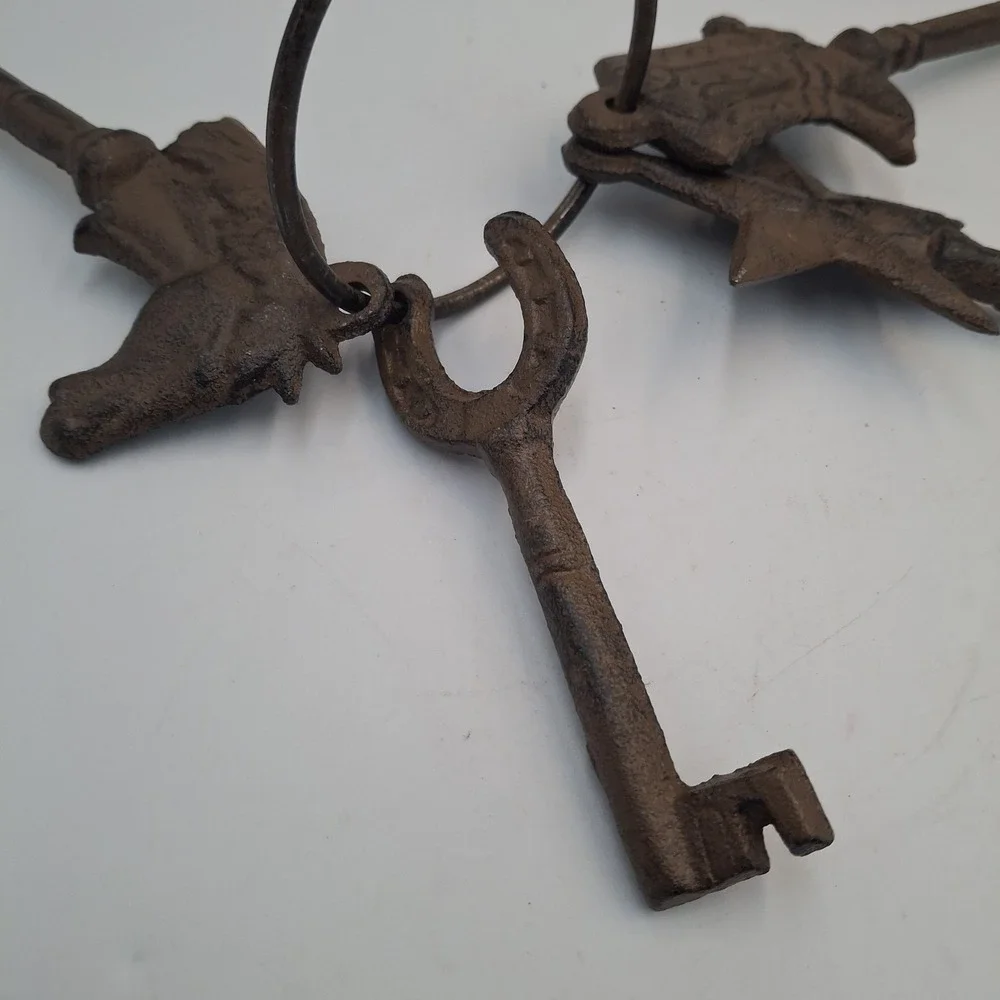 Set of 4 Heavy Cast Iron Skeleton Keys Ring Western Texas Star Horseshoe Boot